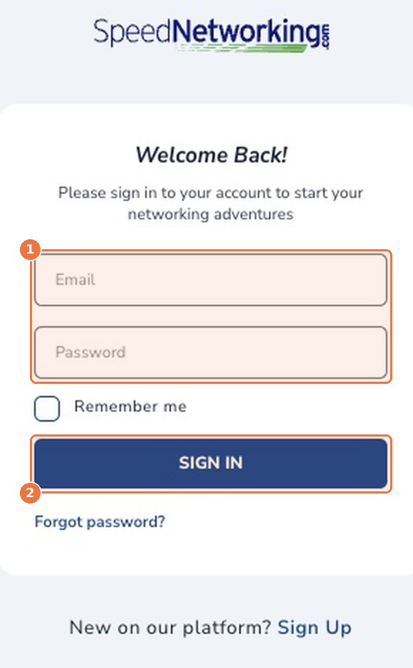 SpeedNetworking.com sign-in screen with the email and password fields and Sign In button highlighted