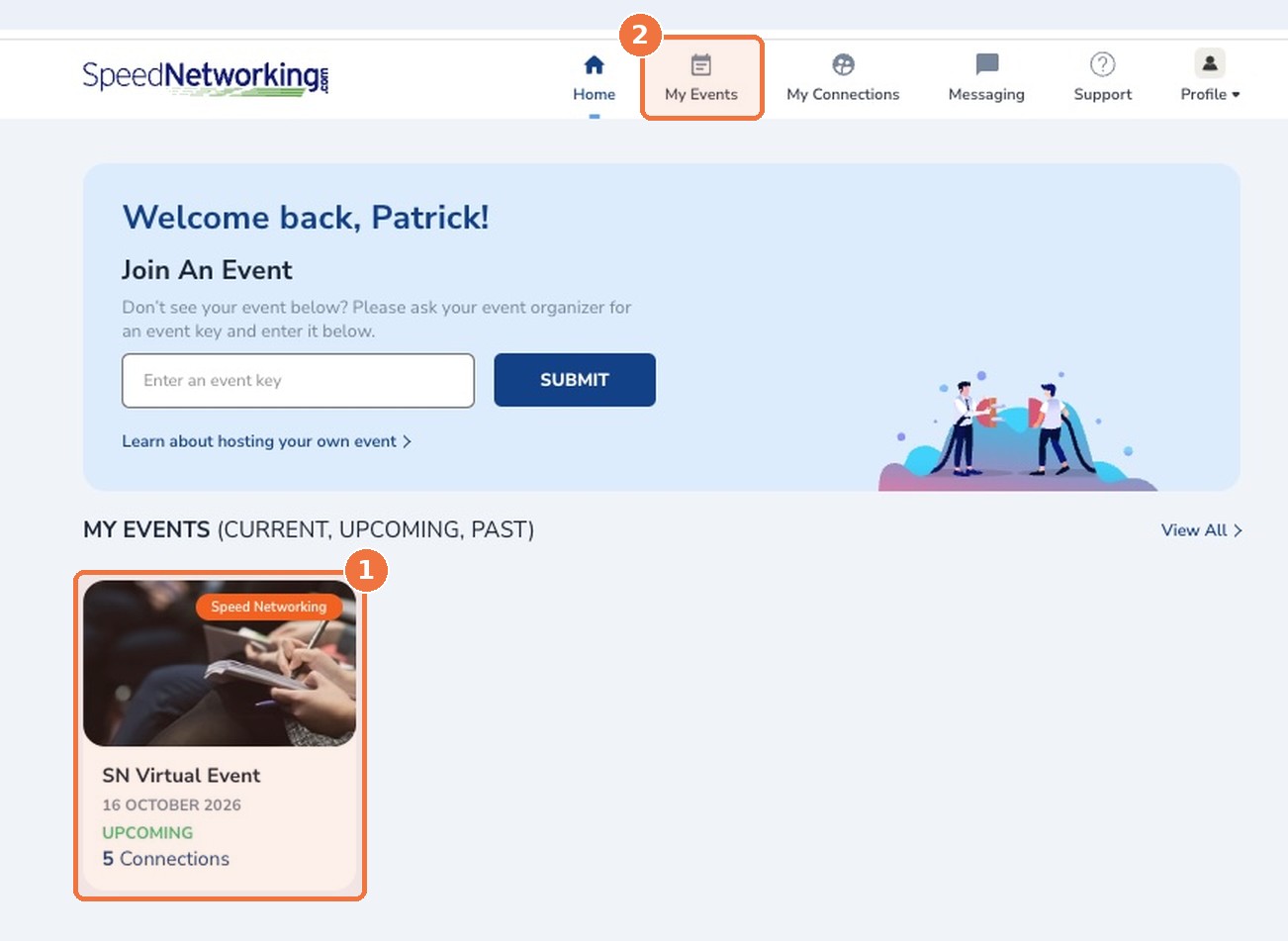 Participant dashboard showing an upcoming virtual event card under My Events
