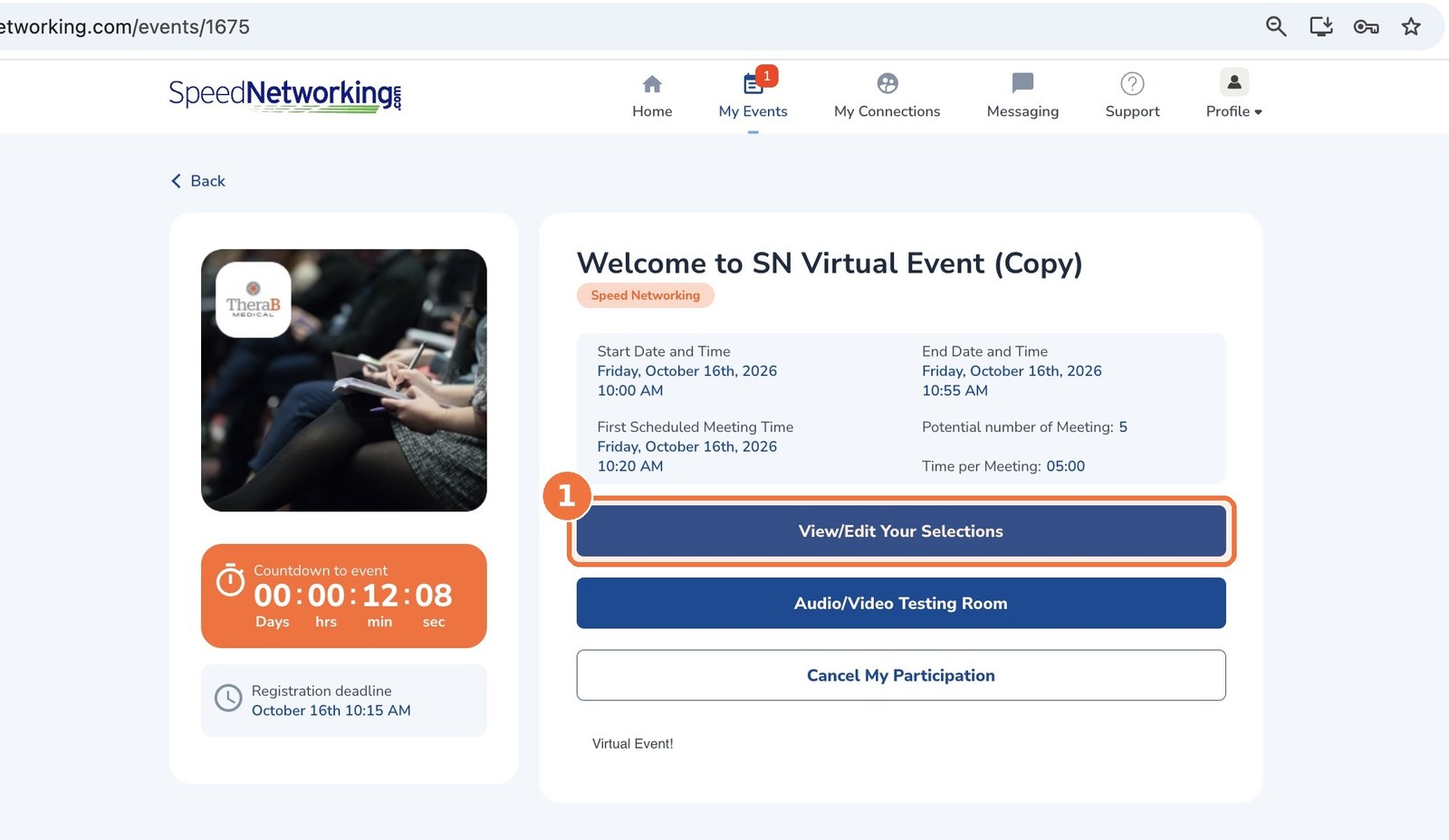 Event page with the View/Edit Your Selections button highlighted