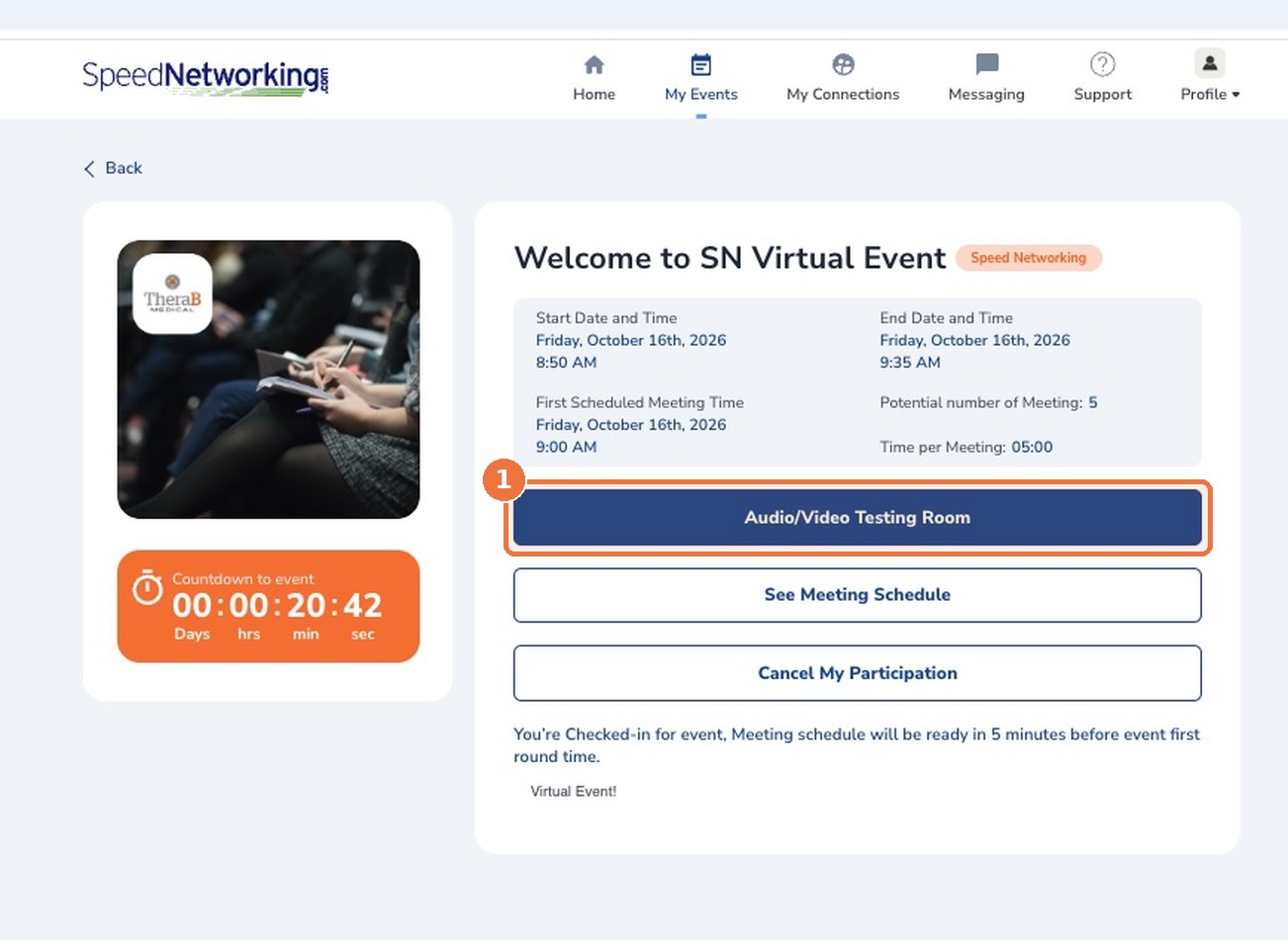 Event landing page with the Audio/Video Testing Room button highlighted
