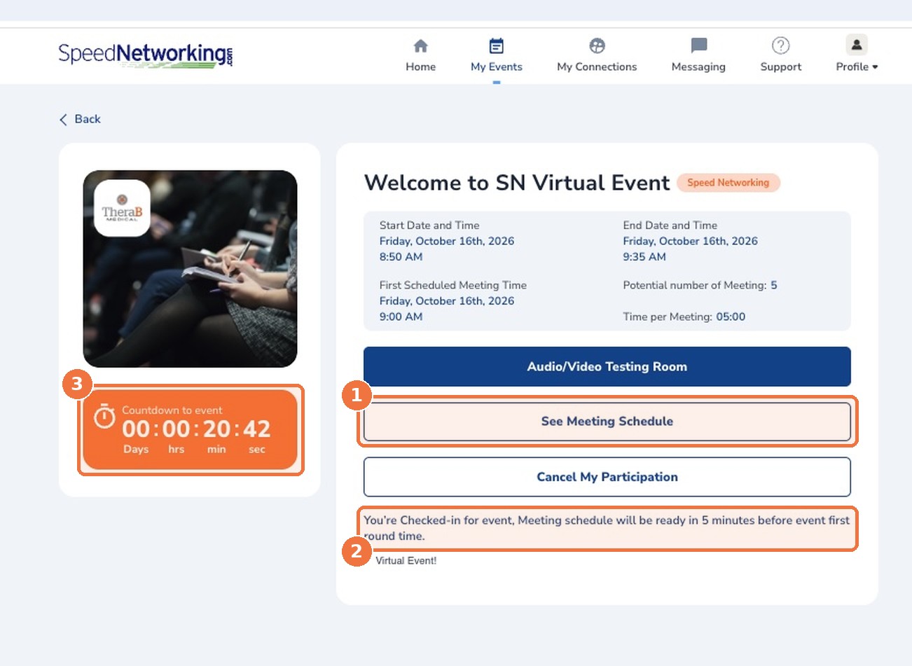 Event landing page showing the See Meeting Schedule button and countdown timer