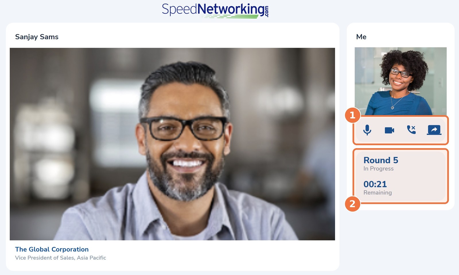 Live one-on-one video meeting with call controls and round timer highlighted
